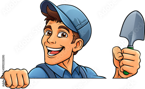 A gardener, farmer or handyman cartoon mascot man holding a gardening tool