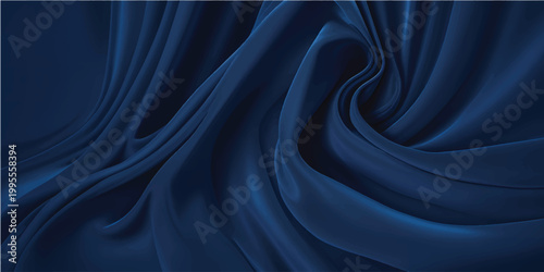Luxurious blue silk and satin fabric background featuring smooth flowing waves and soft textile curves in a deep blue and purple material design for a high-end cloth wallpaper backdrop