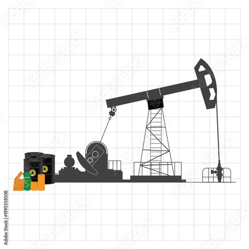 Petroleum Pumpjack with Oil Barrels and Financial Wealth, Energy Industry Flat Vector Illustration on Grid Background