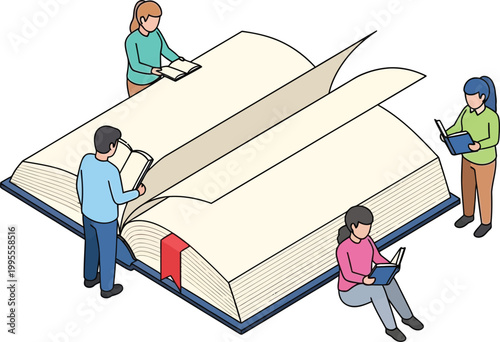 Book of Knowledge: Individuals absorbed in learning, each engrossed in a different facet of a colossal tome, a symbolic emblem of knowledge's expanse.
