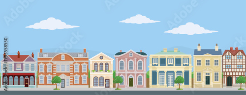 House Victorian building scene old English houses and buildings along city street. Georgian mansion and manor style homes in a vintage architectural row classic British facade illustration background