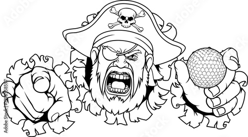 A Pirate man holding Golf ball and pointing sports team cartoon charcater mascot illustration.