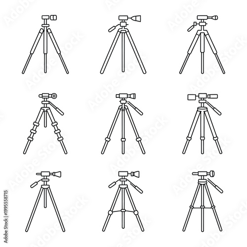 Collection of professional photography tripods with various camera mounting styles presented as linear technical vector illustrations.