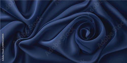 A luxurious blue satin fabric background featuring a smooth, shiny textile texture with elegant rippled waves and soft curves for a sophisticated fashion backdrop
