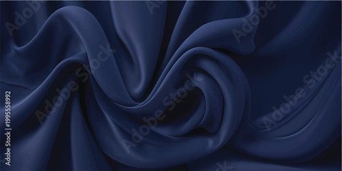 A luxury blue silk and satin fabric backdrop features smooth waves and elegant flowing curves of shiny material with a soft textile texture for fashion decoration
