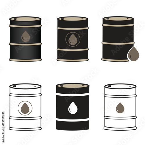 Six Style Variant Crude Oil Barrel Icon Bundle,  Black Tan Filled and Outline Petroleum Drum Drop Symbol Collection Vector Set