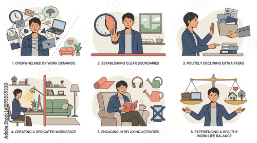 A person establishes healthy boundaries and prioritizes self-care for stress management and mental wellness through various coping techniques.