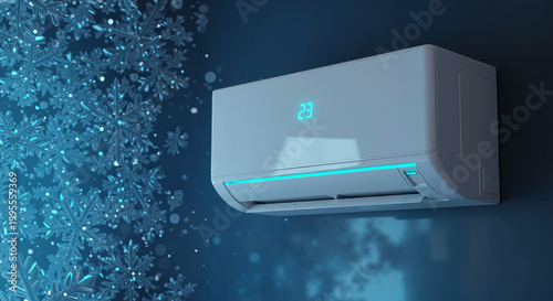 Modern air conditioner mounted on a blue wall with frost design  
