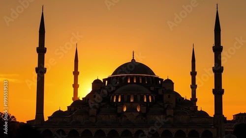 Grand Mosque Silhouette with Water Reflection at Sunset - Islamic Architecture Landscape
