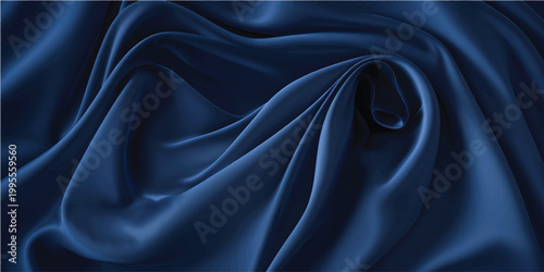 Elegant blue and black silk fabric with smooth satin waves creates a luxury textile texture for a shiny soft drapery background