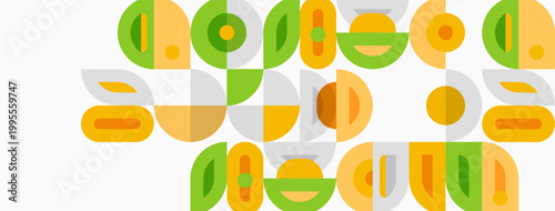 Abstract graphic design features repeating shapes. Green, orange, yellow hues create playful composition. Minimalist style, modern aesthetic.