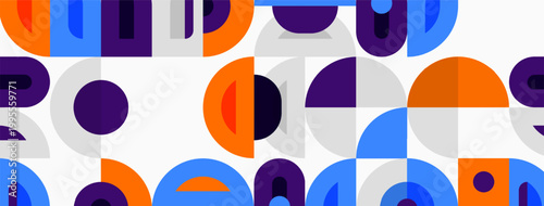 Abstract geometric pattern. Circles, squares, semicircles overlap creating colorful design. Modern aesthetic, vibrant hues dominate composition.