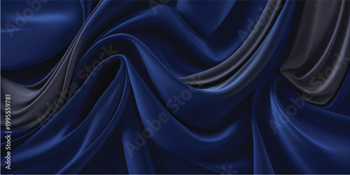 Luxurious dark blue silk and satin fabric textile background with smooth elegant waves of shiny soft drapery material creating a romantic curved texture backdrop