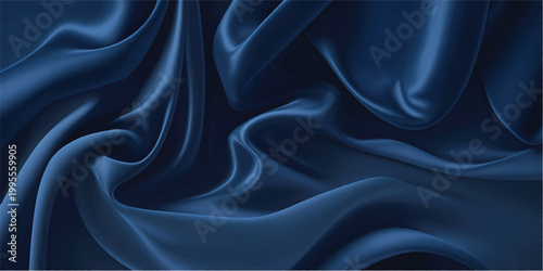 Elegant dark blue silk fabric draped softly luxurious smooth texture background image wave fold rich