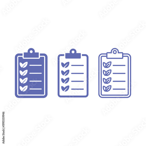 Set of three purple clipboard document icons with leaves and check lines for nature related data tracking and auditing system work.