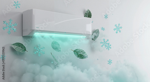 Air conditioner blowing cool air with leaves and snowflakes background  