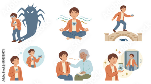 Mental health illustrations depict coping with anxiety through therapy and stress relief techniques