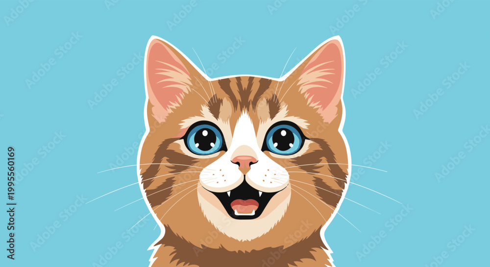 Obraz premium Close-up portrait of a ginger and white tabby cat with big blue eyes and an open mouth against a blue background.