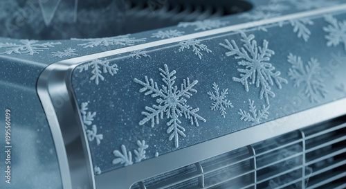 Frosted surface of air conditioning unit covered with snowflakes  
