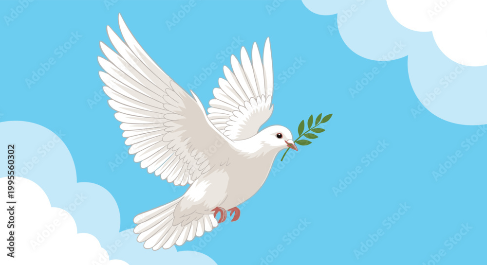 Obraz premium White peace dove flying through a blue sky with fluffy white clouds while carrying a green olive branch in its beak.
