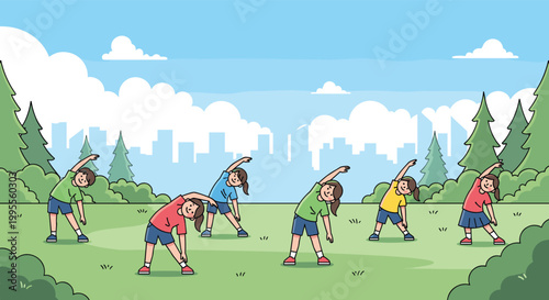 Group of diverse school children performing stretching exercises together in a green park with a city skyline in the distance.