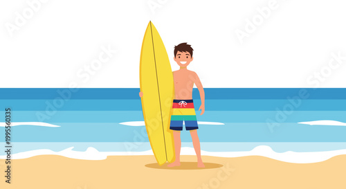 Young man surfer holding a yellow surfboard standing on a sandy beach with blue ocean waves and a clear sky behind him.