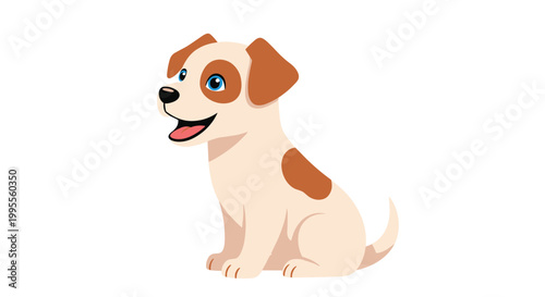 Playful brown and white spotted puppy dog sitting calmly and looking up with a happy expression on a white background.