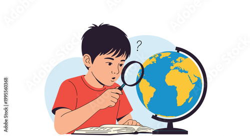 Curious young boy using a magnifying glass to study a desk globe and a book for geography and world exploration studies.