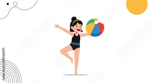 Young girl in a black swimsuit playing with a colorful beach ball on a sunny day at the shore with graphic design elements.