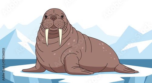 Large brown walrus with long white tusks sitting on an iceberg with snowy mountains in the background for arctic life.