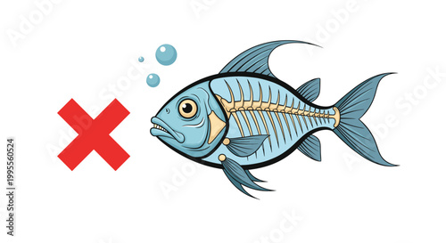 Blue fish swimming underwater with its internal bone skeleton visible and a red cross mark to signify danger or pollution.