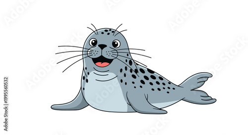 Happy gray spotted seal sitting and smiling with its whiskers out on a plain white background for marine life studies.