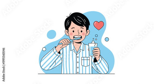 Young boy in striped pajamas brushes his teeth while holding a glass of water, promoting dental hygiene habits for children.