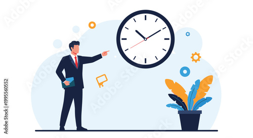 Businessman in a formal suit stands pointing at a large wall clock representing productivity and time tracking in an office.