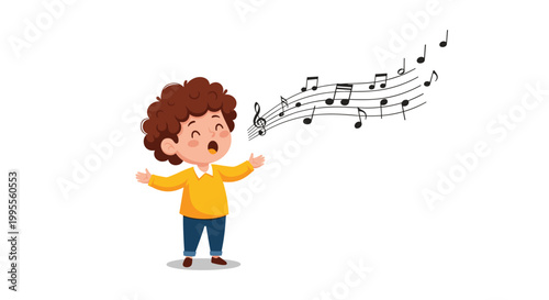 Happy young boy with curly brown hair sings joyfully as musical notes flow from his mouth in a simple and colorful cartoon style.