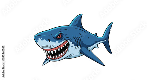 Powerful blue shark with sharp white teeth and a fierce expression swims through white space in a bold and detailed comic style.