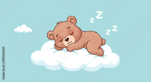 Adorable brown teddy bear sleeps soundly on a soft white cloud in a blue sky with gentle white clouds and drifting letters.