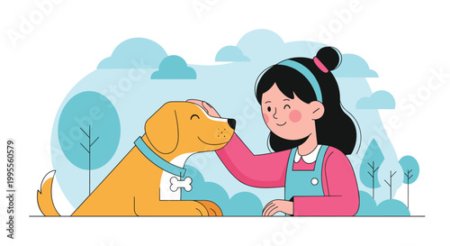 Happy young girl with a blue headband affectionately pets her golden retriever dog in a soft outdoor park setting with clouds.