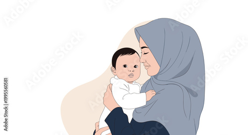 Muslim mother wearing a grey hijab tenderly holds her newborn baby in a heartwarming embrace of unconditional love and care.