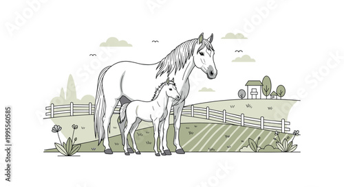 Graceful white horse and its young foal stand together in a scenic countryside meadow with a peaceful farm in the distance.