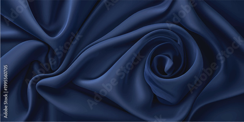 Abstract luxurious deep navy blue satin fabric texture background smooth flowing folds and elegant swirling light reflections