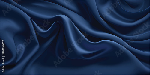 Abstract luxurious deep navy blue satin fabric texture background smooth flowing folds and elegant swirling light reflections