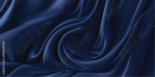 Smooth flowing waves of black satin and silk fabric create a luxury textile background with soft light reflecting off the elegant blue and purple curves of this motion design wallpaper