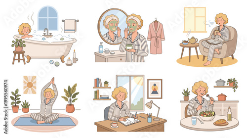 woman practices wellness and stress coping mechanisms in various home settings