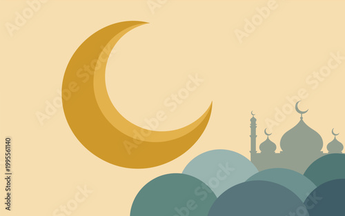Crescent moon shines over a serene mosque landscape at dusk with clouds