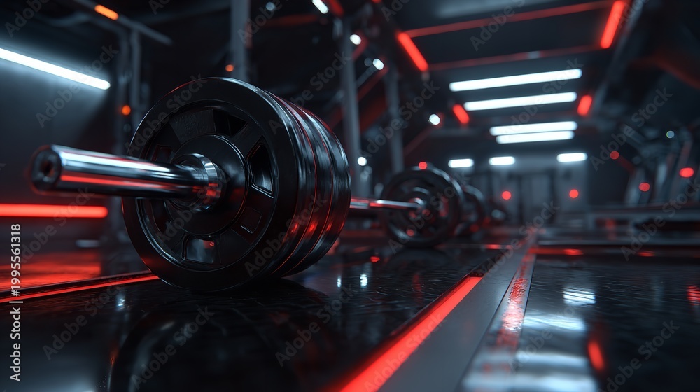 Obraz premium Barbell and weights on the floor in a modern gym setting with red lights.