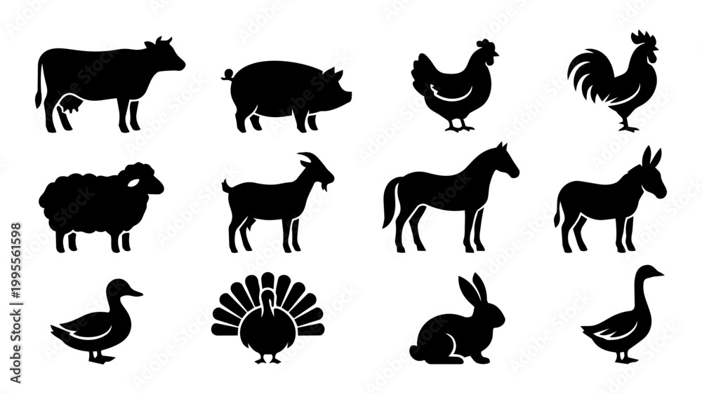 Fototapeta premium Farm Animal Silhouette Set – Classic Farmyard Livestock Icons Collection