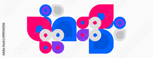 Abstract composition featuring overlapping circles. Pink, blue, purple hues dominate design. Minimalist style, playful geometry present.