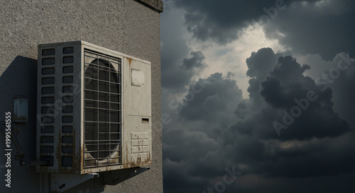 Air conditioning unit mounted on wall with dark clouds overhead  