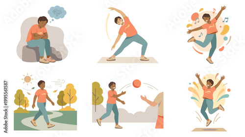 Mental health illustrations show people coping with stress and anxiety through therapy and wellness activities.